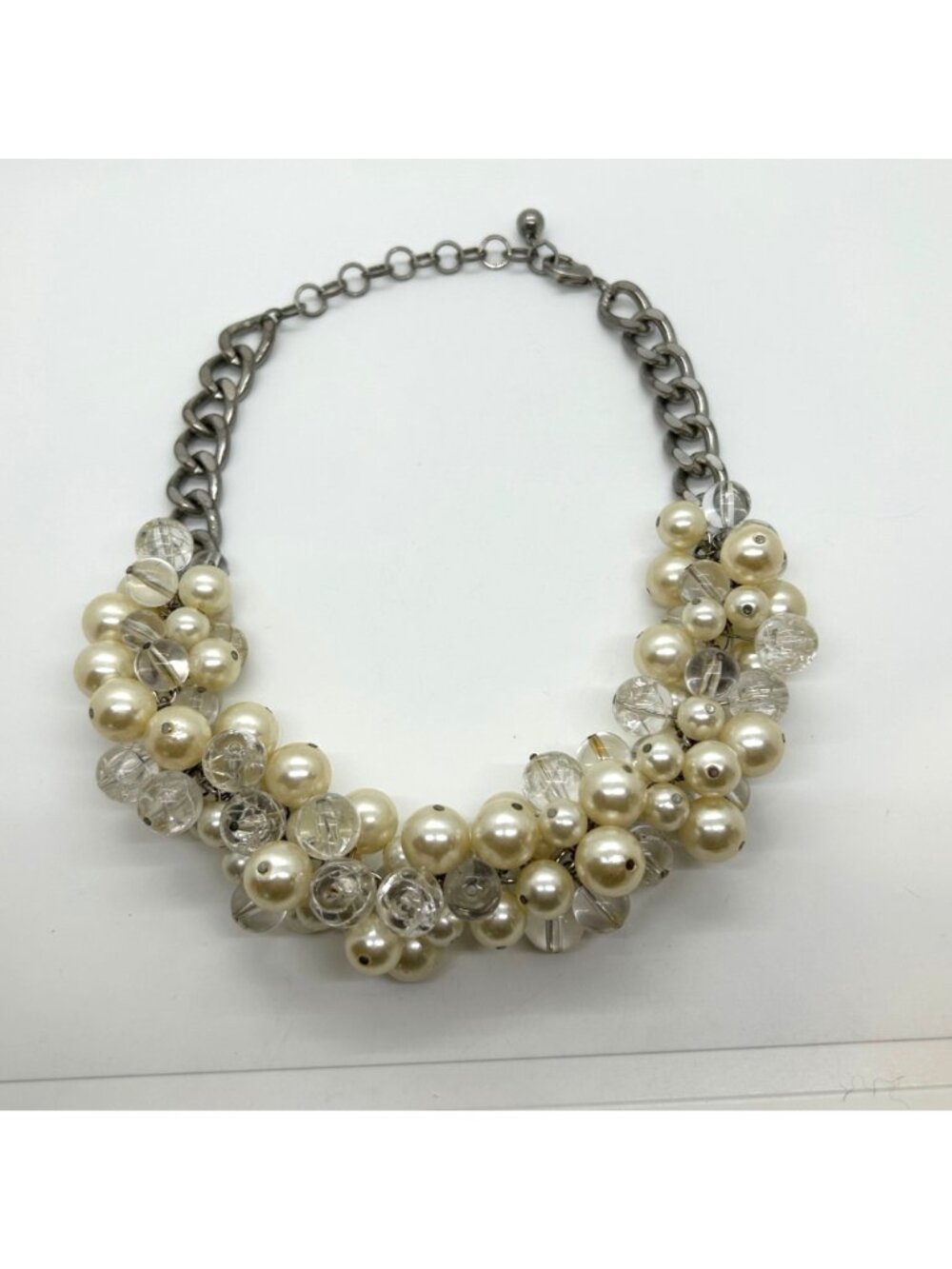 Faux Pearl & Clear Crystal Necklace Chunky Statement Bib Silver-Tone Adjustable - Picture 2 of 15